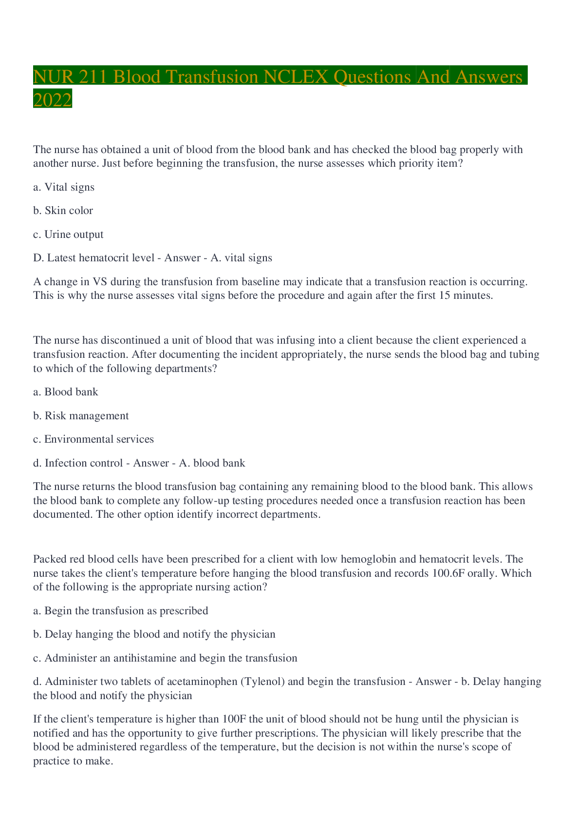 NUR 211 Blood Transfusion NCLEX Questions And Answers 2022 Browsegrades